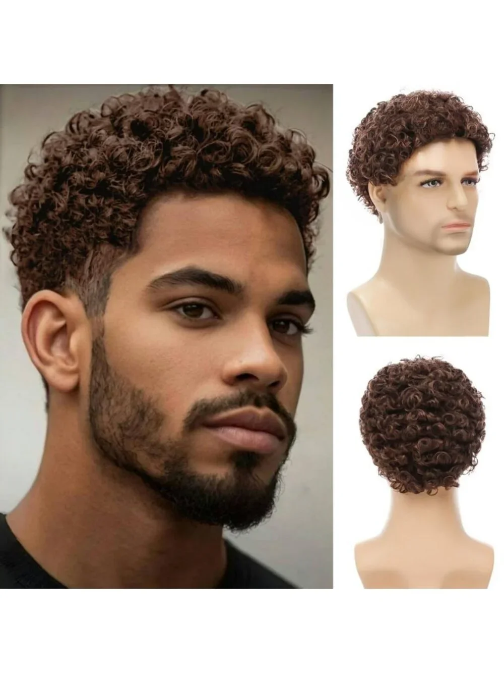 Mens Brown Short Afro Kinky Curly Natural Synthetic Wig Shag Bangs Cosplay Style
